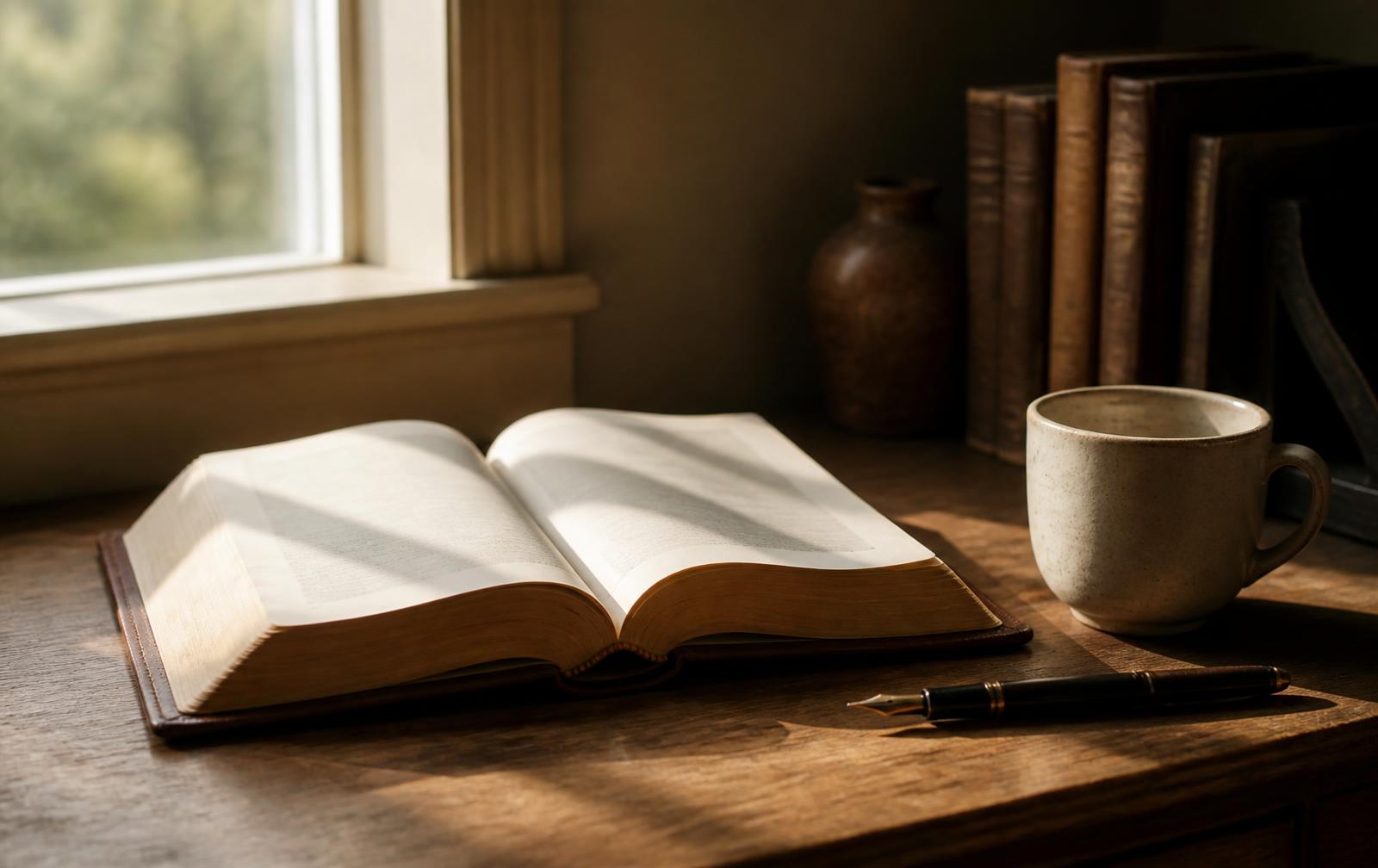 An open studybook on a desk in morning light, with a pen and a cup of coffee